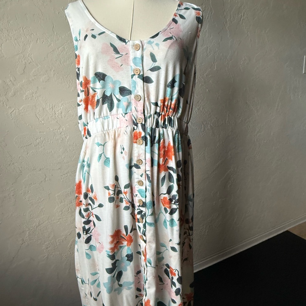 Floral Midi Dress - White with Red and Blue Accents